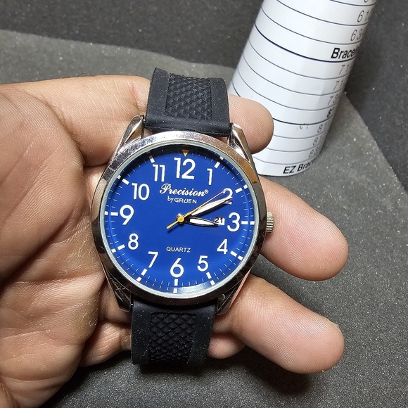 Precision By Gruen Mens Quartz Date Just Watch Working Silver Tone Blue Dial str - Picture 1 of 9